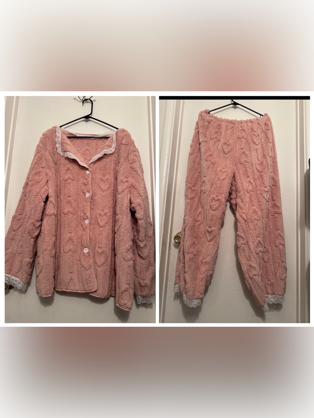 SHEIN women’s light Pink autumn Heart-Pattern Teddy Jacket with lace trim pants